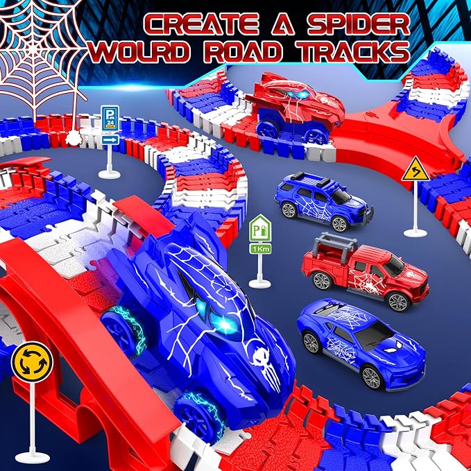 Spider Toys for Boys 4-6, Spider Race Track with 5 Cool Spider Cars Toys for Kids Boys Toddler, Flexible Car Tracks for Age 3 4 5 6 7 8 Year & Up Old Boy Girls Birthday Gifts