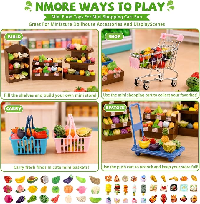 Mini Shopping Cart Basket, Miniature Grocery Toys 3 Supermarket Shelves Play Store 100+ Fruit Vegetable Cake Bread Mini Food Miniature Dollhouse Accessories with Push Cart