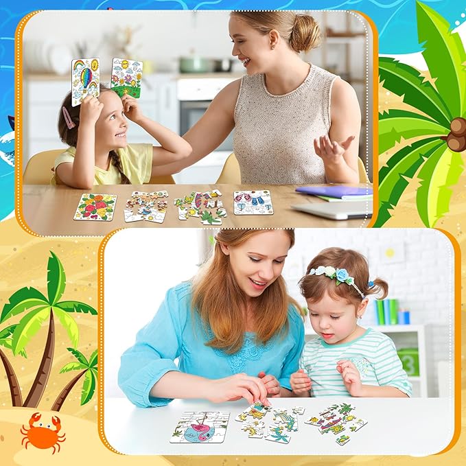 Realspring 24 Pack Color Your Own Jigsaw Puzzles for Kids 3-5, 4-6, 6-8, Coloring Crafts DIY Paper Puzzles Party Favors Gifts for Toddler Children Learning Education Toys(Summer)