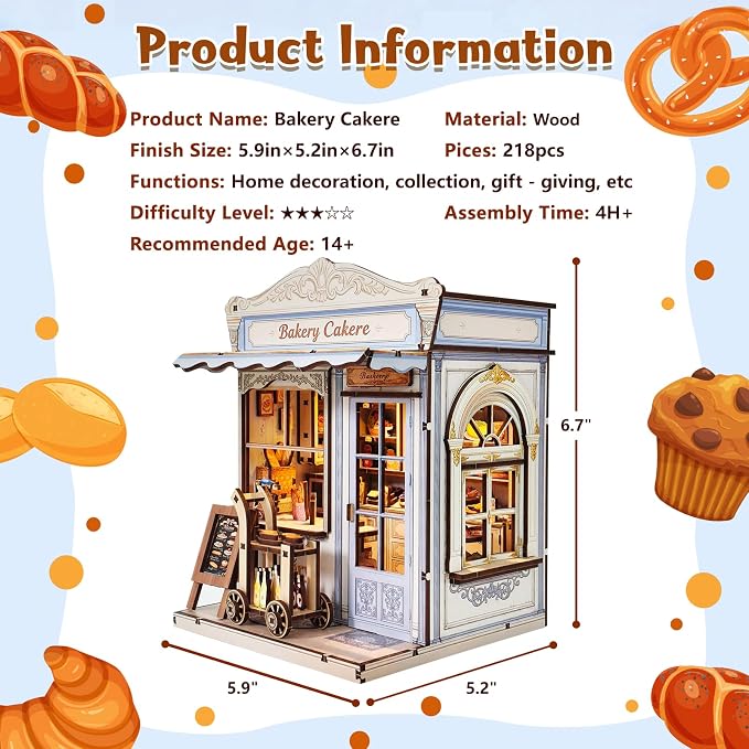 DIY Miniature House Kit, Bakery Book Nook Kit, 3D Wooden Puzzles Bookshelf Craft Kits, Dollhouse Kit with LED Light, Mini Building Kit for Adults Teen to Build(Bakery Shop)