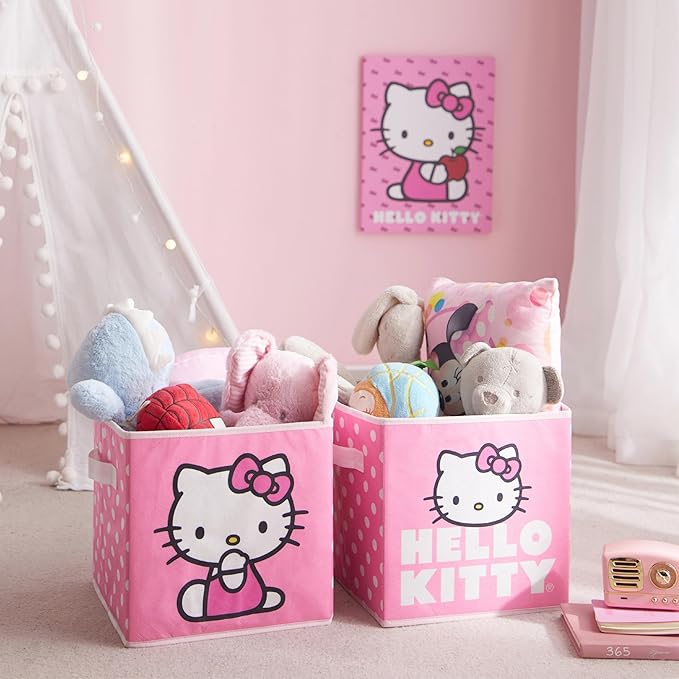 Hello Kitty Set of 2 Storage Cubes with Handles, Durable Foldable Fabric Organizer Bins for Bedroom, Closet, Nursery & Dorm, 10x10x10 Inch Cube Storage Baskets for Toys, Clothes & Shelves