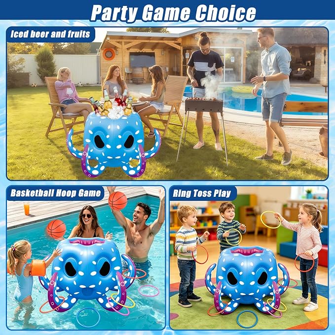 Octopus Pool Toys for Kids Ages 4-8, 8-12, 2-in-1 Inflatable Pool Floats Basketball Hoop & Ring Toss Swimming Pool Games, Summer Outdoor Water Games Beach Party Gift for Boys Girls Family