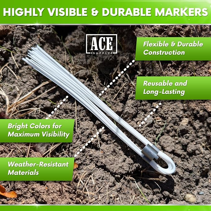 White Marking Whiskers With Stakes - 100 Pack - Durable Marking Whisker Set - Use Survey Whiskers As Ground Markers, Construction Markers, Or Trail Markers