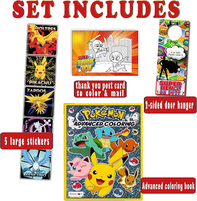Bendon Pokemon Advanced Coloring and Stickers Activity Set with Pokeman Advanced Coloring Book, Sticker Book, Pokeman Reward Stickers, 2-Sided Door Hanger