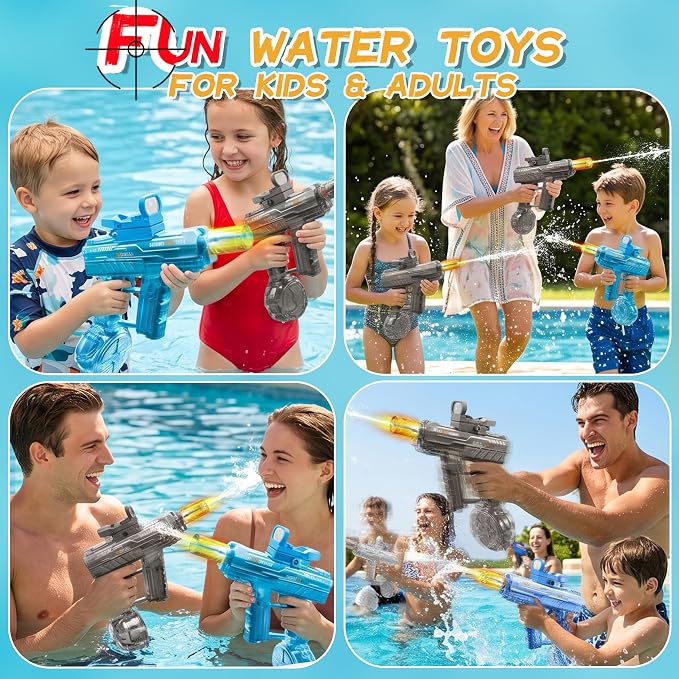Electric Water Gun 4 Pack for Adults & Kids, Rechargeable Automatic Water Blaster with LED Lights, Long Range Powerful Squirt Gun, Leak-Proof Large Capacity, Summer Outdoor Pool Beach Toys