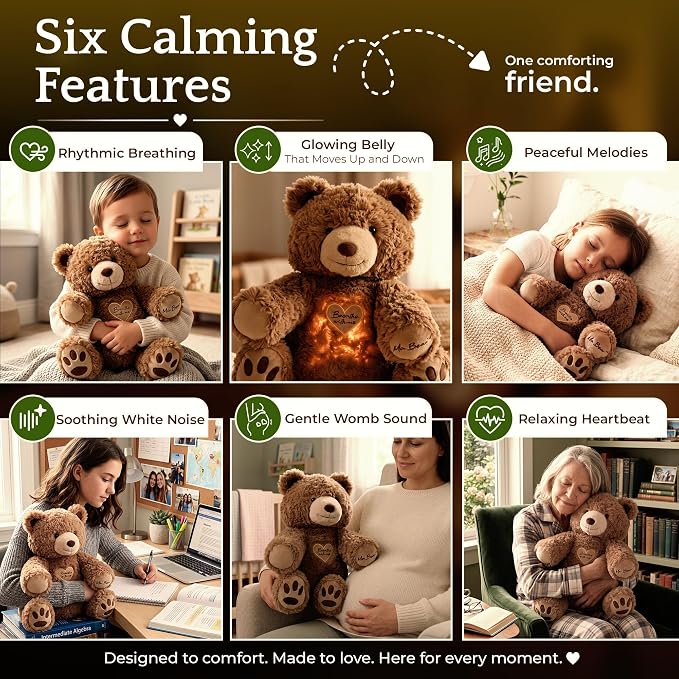 Breathing Teddy Bear Stuffed Animal for Anxiety Relief - Cuddly Breathing Plush with Calming Sounds and Gentle Light - Sleep Companion for Kids 3+, Teens and Adults - Machine Washable