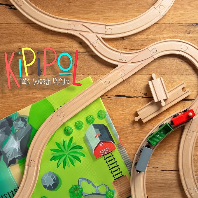 KipiPol Wooden Train Tracks Set - 52 pcs+Bonus Railroad Map –Compatible W All Major Wooden Railway Toy Brands Including: Thomas The Train Track Set, Brio Train, Melissa and Doug Train Set for Kids 3+