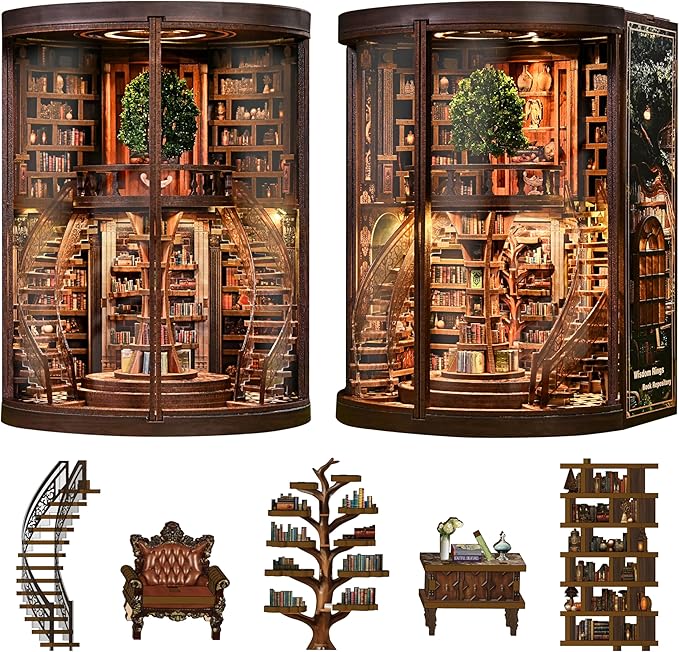 POP JOY DIY Book Nook Kit with LED Light, Fantasy Tree Library Miniature Dollhouse 3D Wooden Puzzle Bookshelf Insert, DIY Book Nook Bookshelf Decor for Adults Teens Book Lovers Gift
