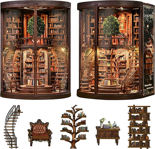 POP JOY DIY Book Nook Kit with LED Light, Fantasy Tree Library Miniature Dollhouse 3D Wooden Puzzle Bookshelf Insert, DIY Book Nook Bookshelf Decor for Adults Teens Book Lovers Gift