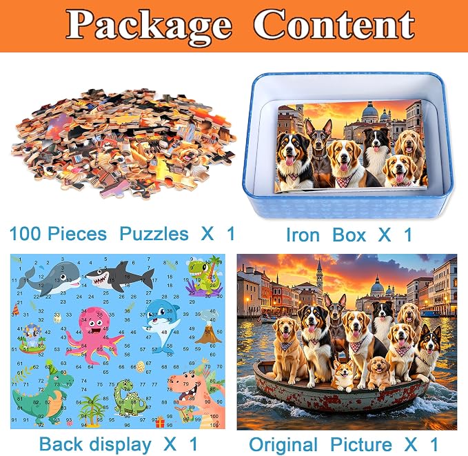 MZZOTOY Sunset Dogs Puzzle for Kids Ages 4-8, 100 Pieces Jigsaw Puzzles for Kids Ages 3-5， Learning Educational Puzzles Toys Great Gift for Boys Girls in a Metal Box