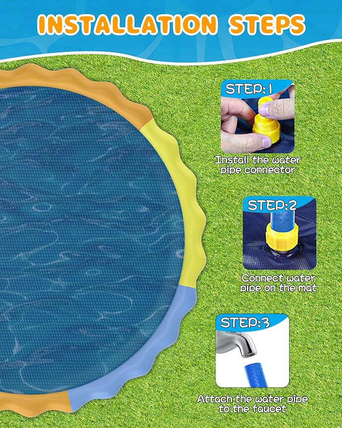 Instraella Splash Pad for Kids and Dogs, 124in Non-Slip Sprinkler Mat 0.5mm Thickened Durable and Foldable Large Pool Summer Fun Outdoor Toys for Dogs and Toddlers Age
