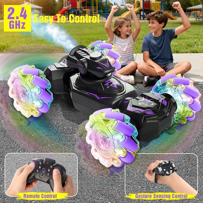 Gesture Sensing Remote Control Car, RC Cars Toys for Boys Age 6-12, 4WD Hand Controlled Twist & Transform 360° Spins Stunt Car with Mist, Light & Music, 8-10 Year Old Boys Birthday Gift Purple