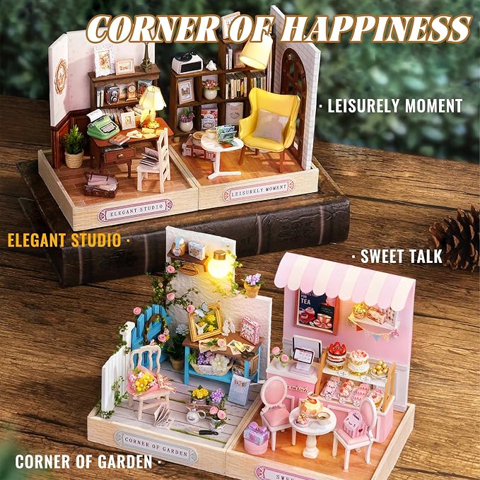Kisoy Dollhouse Miniature with Furniture Kit, DIY 3D Wooden DIY House Kit with Dust Cover,Handmade Tiny House Toys for Teens Adults Gift(Elegant Studio)