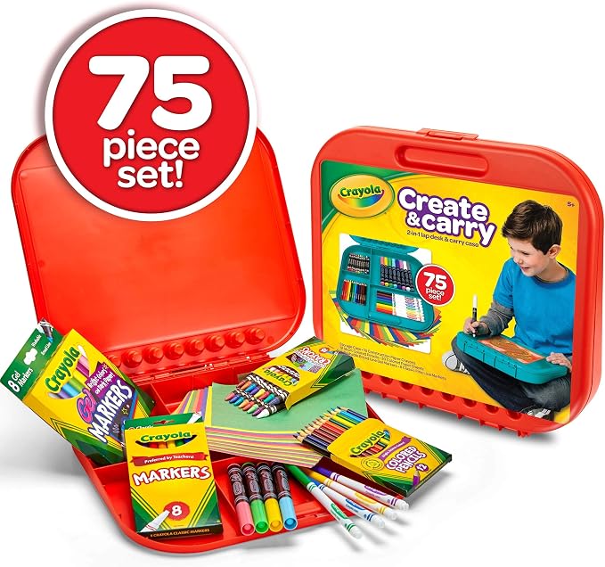 Crayola Create 'N Carry Travel Art Set for Kids (75pcs), 2-in-1 Lap Desk & Carrying Case, Holiday & Christmas Gifts for Kids, Art Supplies Kit for Crafting, Drawing & Coloring, Pack of 4