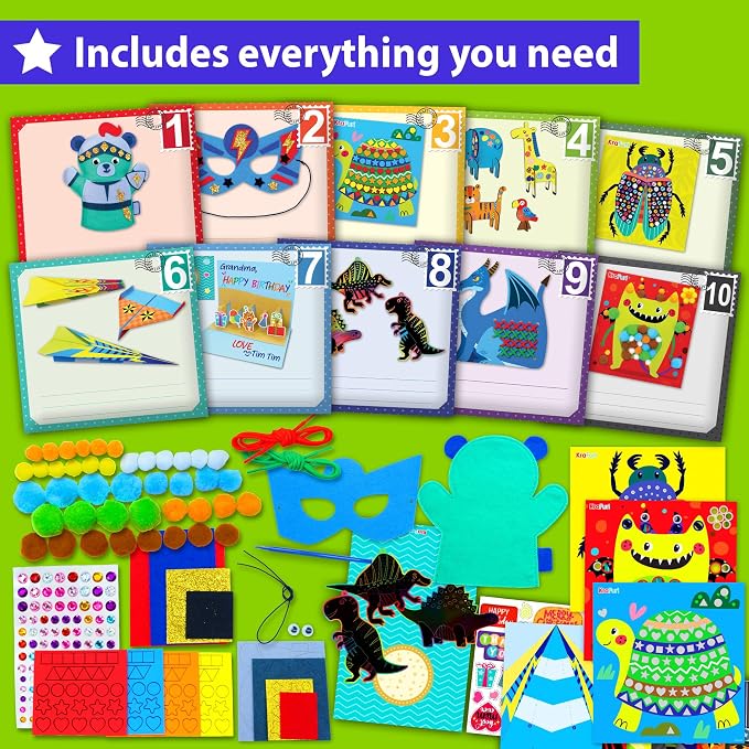 KRAFUN Toddler Art and Craft Kit, Preschool Educational Activities with 10 Envelope Projects - Origami, Puppets, Lacing & Pompoms, Creative DIY Gifts for Boys and Girls Ages 3-5