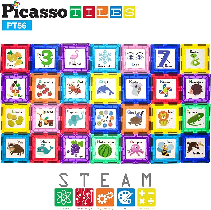 PicassoTiles Magnetic Building Blocks with Tiles and Educational Artwork Graphic Click-in Inserts Magnet Construction Toy Set STEM Learning Kit Playset Child Brain Development PT56