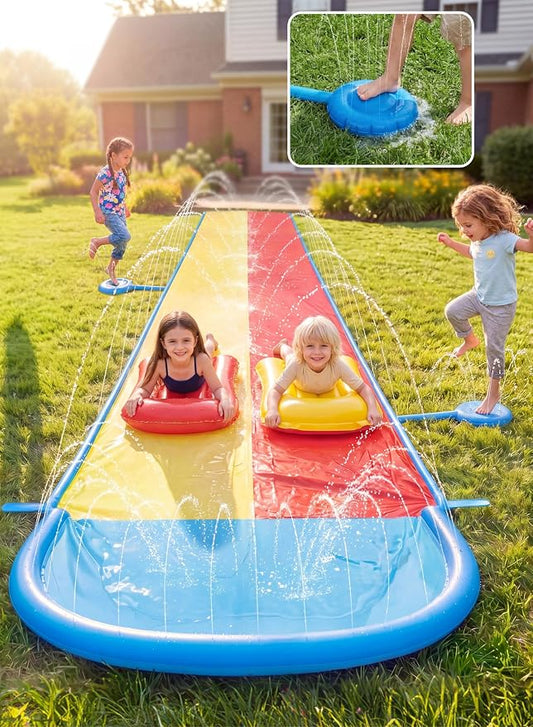 Sloosh 22.5FT Lawn Water Slide with Water Stomp, Slip Waterslide with 2 Bodyboards Summer Toy with Build in Sprinkler for Backyard Outdoor Fun for Kids