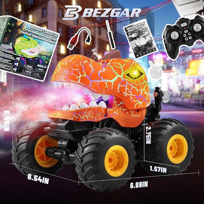 BEZGAR Monster Truck Toys - Remote Control Monster Truck with Spray, Light, Music, Dinosaur Toys for Kids, 1:20 Scale RC Truck with 360° Spins and Drifting, Remote Control Car for Boys 4-7 Orange