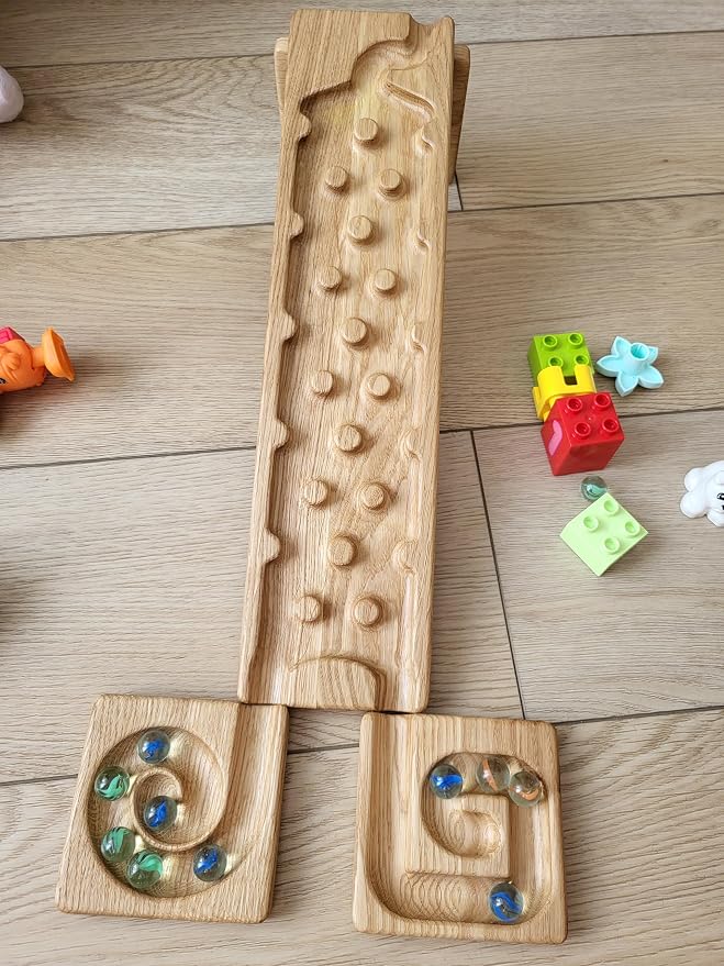 Wooden Marble Run Track Set of 2 – Montessori STEM Toy for Kids – Race Machine & Maze Board – Educational Wooden Roller Track Game – Wind & Rocks Run Gift for Children