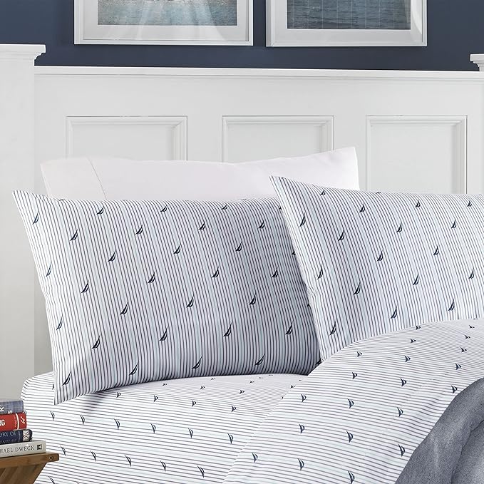 Nautica – Twin XL Size Sheet Set, Crisp Cotton Percale Bedding with Matching Pillowcase, Lightweight & Breathable Bed Sheets, Deep Pocket, College Dorm Room Essentials (Audley Stripe Blue)