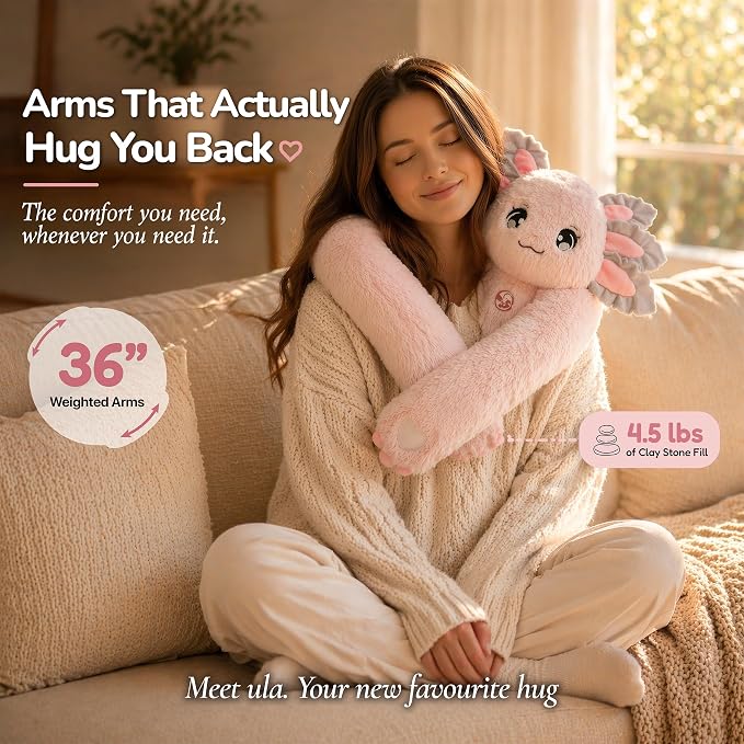 Huggle Healers Weighted Stuffed Animals for Adults, Teens and Kids - 36 Inch Long Plush Arms Pink Stuffed Animal for Hugs - 4.5lb Axolotl Plushies - Ula Axolotl