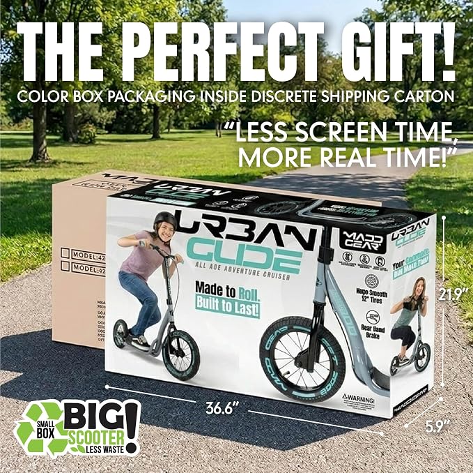 Large Kick Scooter for Adults, Teens & Kids 8-12 with Kickstand – 12" Air-Filled Tires, Wide Deck, Lightweight Steel Frame – Madd Gear Metro Urban Glide 300
