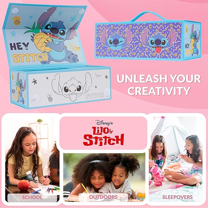 Disney Stitch Colored Pencils Art Supplies Kids School Supplies Set Stationery Girls Drawing Pencils Supplies Travel Case with Crayons Arts and Crafts for Kids 4-12 (Blue Stitch)
