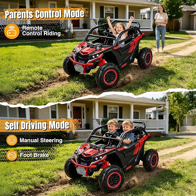 Firstness 24V Ride on Toys 800W Electric Remote Control Ride on Cars for Kids 2-Seater Riding Cars for Kids Ages 3-8, 3 Speed Mode, Music, LED Light, Off-Road UTV Ride on Truck for Boys & Girls, Red