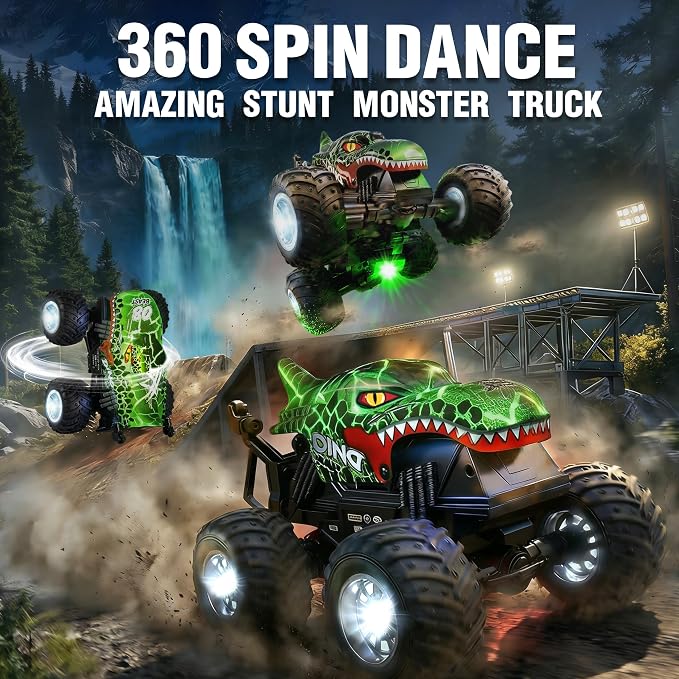 BEZGAR 1:20 Monster Truck Toys, 360°Stunt RC Cars Rotation Dinosaur Toys with Music, 2 Batteries and Wireless LED Strobe Lights, Remote Control Car for Boys 4 5 6 7 8 9 Years Old(Green)