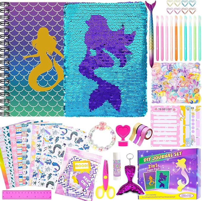 2-Pack DIY Journal Kit for Girls Ages 8-12 13 14 Year Olds, Birthday Gifts for Teen Girls, 110pcs Art Crafts Scrapbook Supplies for Tween Kids, Kawaii Diary Stationary Set with Mermaid Sequin Journal