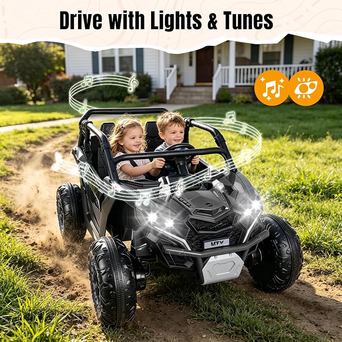 Firstness 24V Ride on Toys 800W Electric Remote Control Ride on Cars for Kids 2-Seater Riding Cars for Kids Ages 3-8, 3 Speed Mode, Music, LED Light, Off-Road UTV Ride on Truck for Boys & Girls, Black