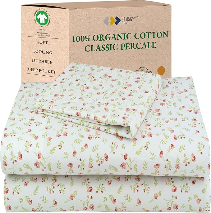 California Design Den Twin Floral Sheet Set, 100% Organic Cotton Percale Sheets, Deep Pocket Twin Sheets & Pillowcase Set - Floral