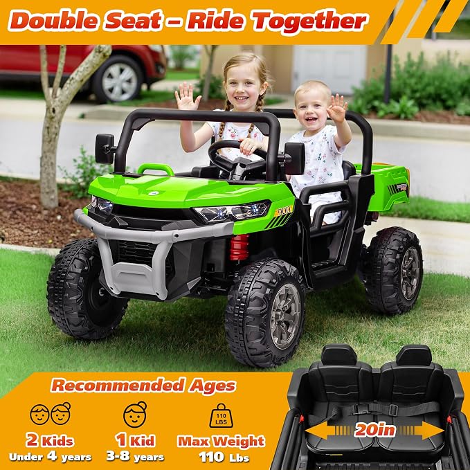 Joyracer 4WD 24 Volt Ride on Toys, 800W Ride on Truck for Kids, 2 Seater Power Car Wheels w/Dump Bed & Shovel, Ride on UTV w/Remote Control, Bluetooth, LED Lights,Green