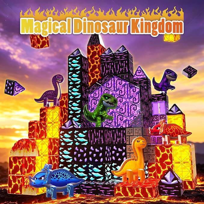GobiDex 80PCS Dinosaur Toys Magnetic Tiles with 6 Dinosaurs - Jurassic Scenes Dinosaur World Adventure Set, Magnetic Blocks for Kids Ages 3-5 4-8, STEM Building Toys for 3+ Year Old Boy Birthday Gifts