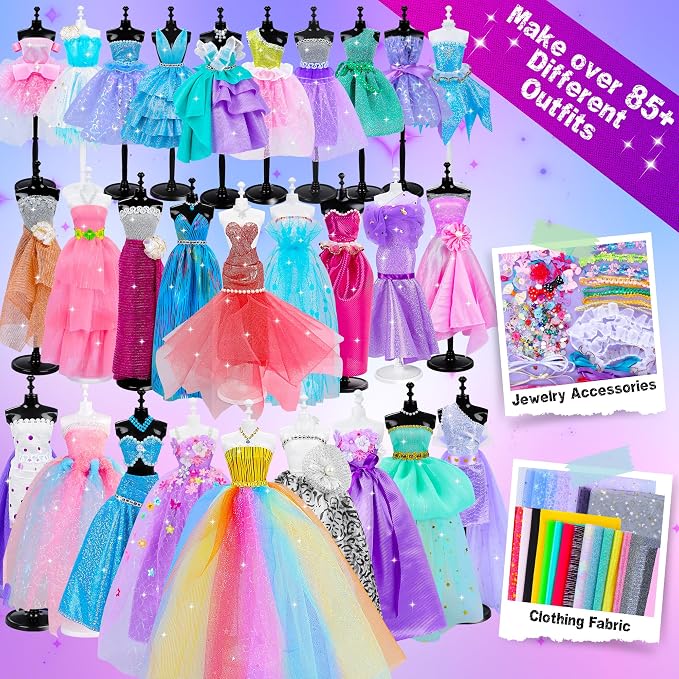 MINIFUN 800+Pcs Fashion Designer Kit for Girls, Sewing Kit with 4 Mannequins, DIY Arts and Crafts Kit for Kids, Doll Clothes Making Kit, Girl Toys for Age 6 7 8 9 10 11 12 Year Old Gifts