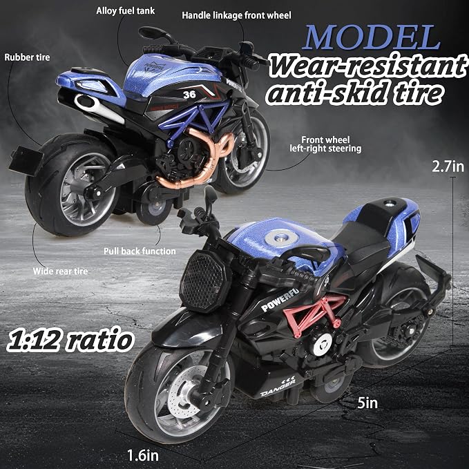 MQDMINI 4-Pack Pull-Back Motorcycle Toys - Friction Powered Kids Toy Cars, Gifts for Boys & Girls Aged 3-12