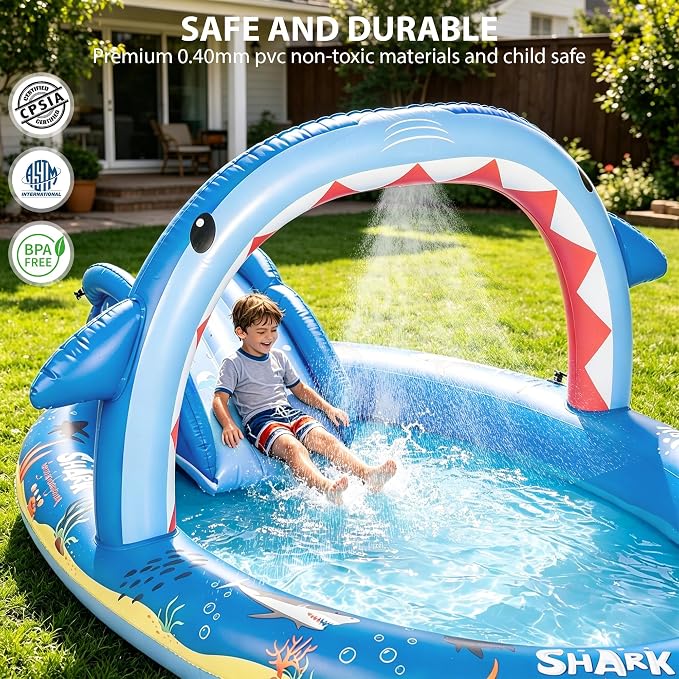 Inflatable Ocean Shark Play Center, Summer Splash Pad Kids Pool with Slide&Sprinkler, Blow Up Toddler Water Pool for Backyard and Garden 96''x59''x39''