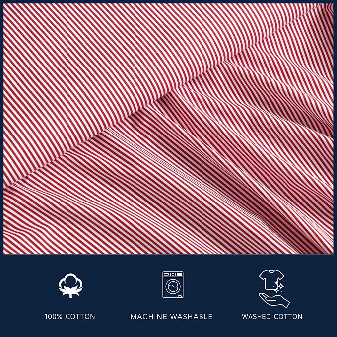 Nautica - Full Sheet Set, Lightweight & Breathable Cotton Percale Bedding Set with Matching Sham(s), Crisp & Cool Bedding Essentials, Oeko-Tex Certified (Penny Pinstripe Red, Full)