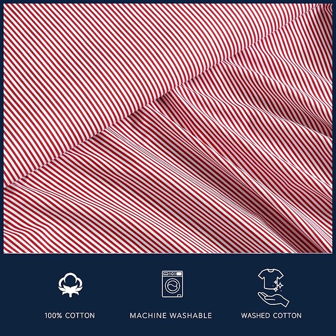 Nautica - Twin XL Sheet Set, Lightweight & Breathable Cotton Percale Bedding Set with Matching Sham(s), Crisp & Cool Bedding Essentials, Oeko-Tex Certified (Penny Pinstripe Red, Twin XL)