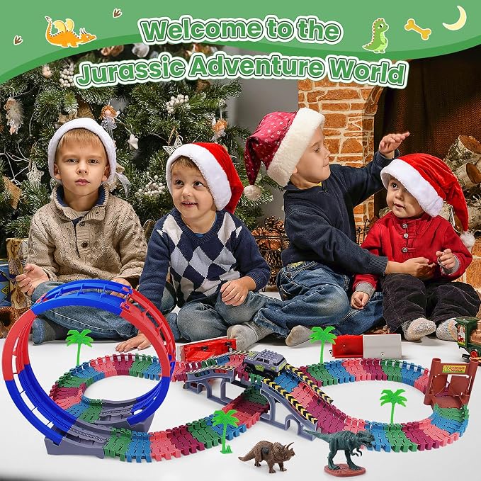 144 PCS Race Tracks Dinosaur Toys for Kids 3-5, Glow in The Dark Magic Toy Set, Flexible DIY Track Set, Birthday Gift for Age 3-9 Boys Toddler Girls,Create a Dinosaur Adventure World