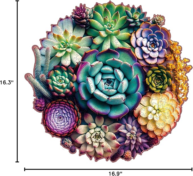 Mys Aurora Unique Wooden Jigsaw Puzzles - Mandala Succulent Plants, 500 Pcs King Size 16.9'' x 16.3'', Luxurious Shaped Wood Puzzle, Beautiful Package, Best Gift for Adults and Kids, Family Game