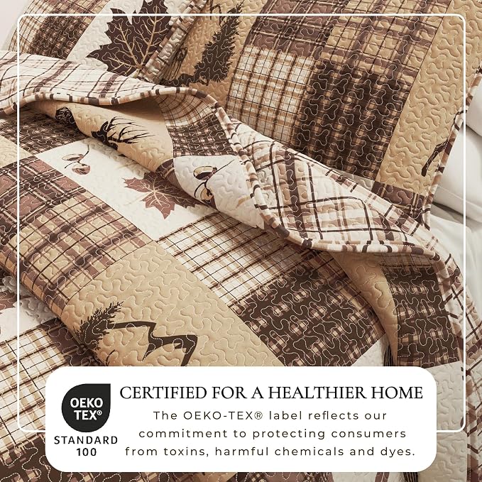 Great Bay Home Lodge Quilt Set - 3-Piece Full/Queen Size Rustic Bedding Set - Lightweight, All-Season, Reversible Bedspread (Deer & Leaf Patchwork)
