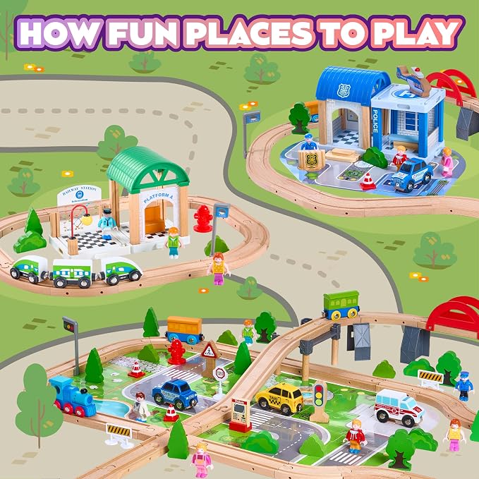 172Pcs Wooden Train Set for Toddlers, Wooden Train Track - Expandable and Changeable, Safe Educational Train Toys Gift for Boys & Girls Kids Ages 3-5 4-8, Compatible with All Major Brands