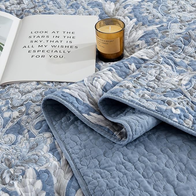 Queen Size Quilt Set - Dusty Blue and Gray Quilt Set Queen, 100% Cotton Floral Bedspread Set 3 Piece, Classic Damask Bedspread, Reversible Lightweight Quilt Bedding Set