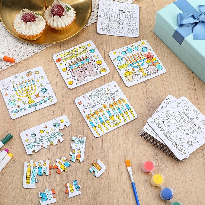 Realspring 24 Pack Hanukkah Color Your Own Jigsaw Puzzles for Kids 3-5, 4-6, 6-8, Coloring Crafts DIY Paper Puzzles Party Favors Gifts for Toddler Children Learning Education Toys