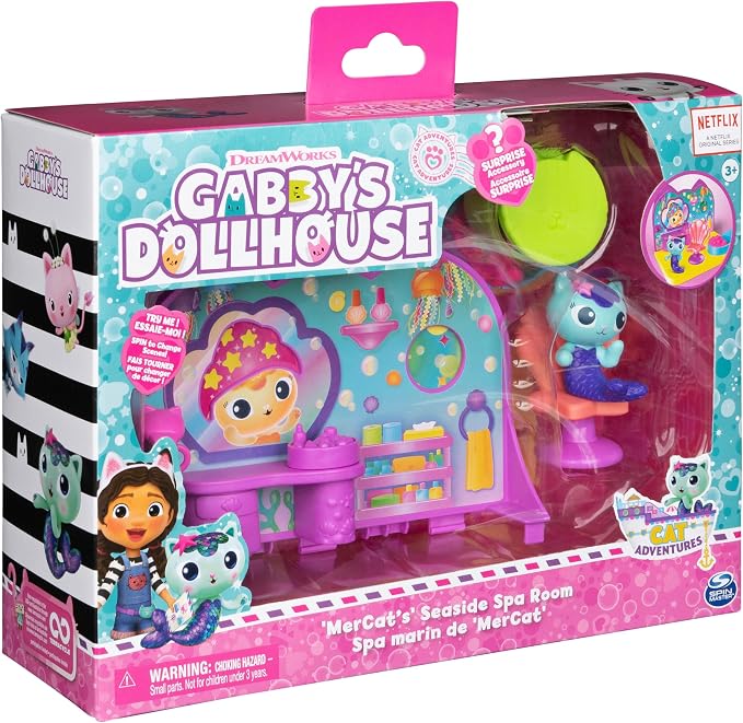 Gabby’s Dollhouse, MerCat’s Spa Room Playset, with MerCat Toy Figure, Surprise Toys and Dollhouse Furniture, Kids Toys for Girls & Boys 3+
