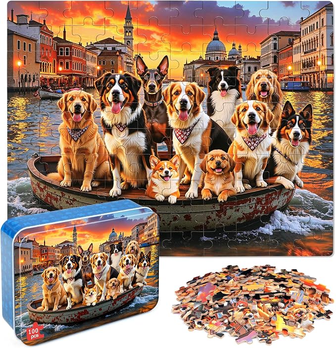 MZZOTOY Sunset Dogs Puzzle for Kids Ages 4-8, 100 Pieces Jigsaw Puzzles for Kids Ages 3-5， Learning Educational Puzzles Toys Great Gift for Boys Girls in a Metal Box