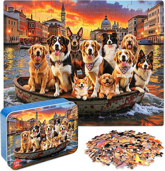 MZZOTOY Sunset Dogs Puzzle for Kids Ages 4-8, 100 Pieces Jigsaw Puzzles for Kids Ages 3-5， Learning Educational Puzzles Toys Great Gift for Boys Girls in a Metal Box