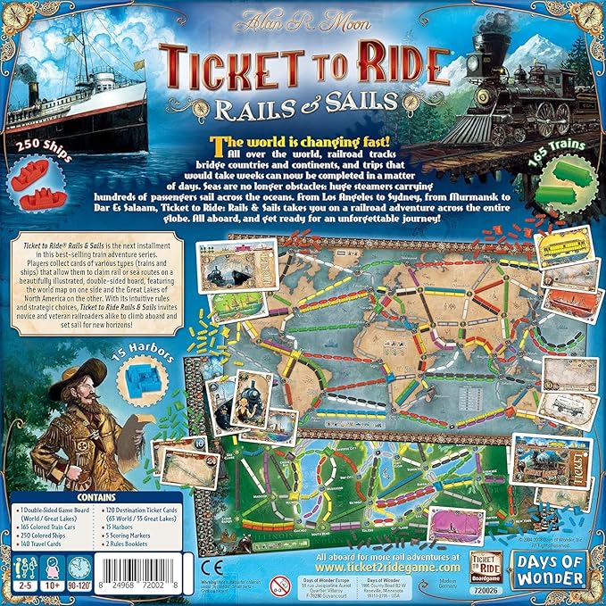Asmodee Ticket to Ride Rails & Sails Board Game - Train Route-Building Strategy Game, Family Fun for Kids & Adults, Ages 10+, 2-5 Players, 90-120 Minute Playtime