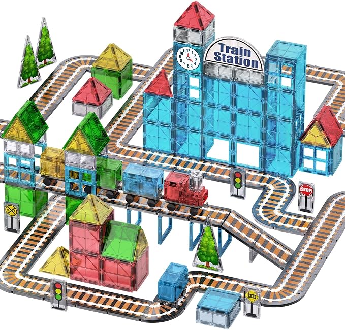 SKTMYY Train Toy Magnetic Tiles for Kids Ages 4-8 with Train Station Tracks | Magnet Building Blocks with Cars Signal Preschool Classroom STEM Montessori Toys Birthday Gifts for Boys Girls Toddler 3-5